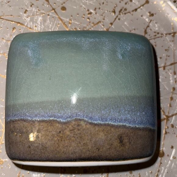 Vintage Artist Signed Decorative Rectangular Vase Teal Green Blue Tan - Picture 7 of 10